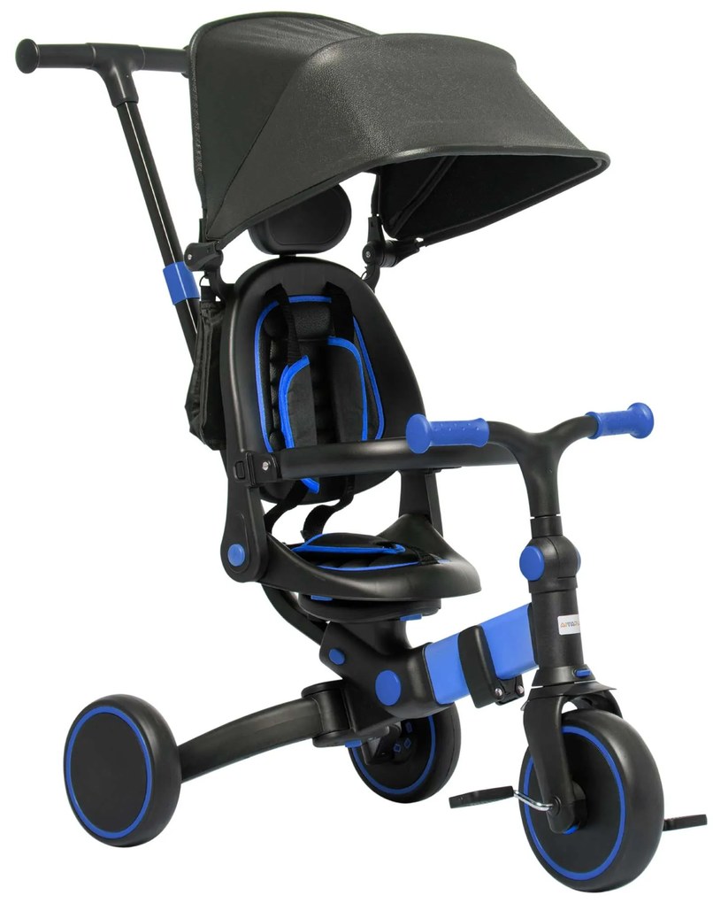 AIYAPLAY Triciclo 3 em 1 Evolutivo Crianças Capô Dobrável Guiador Desmontável Preto Azul 96,5x49x101 cm