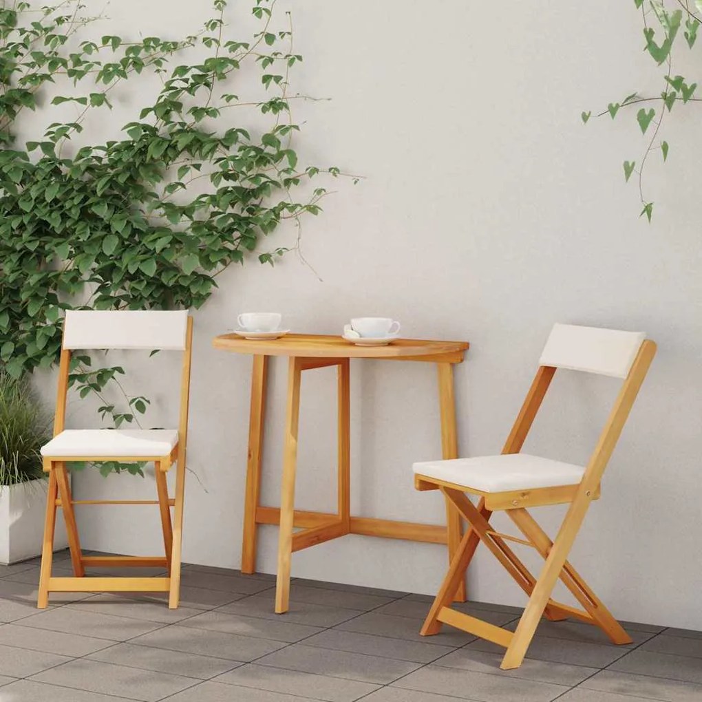 vidaXL Conjunto de Bistro Dobrável de 3 Peças com Almofadas de Madeira Sólida de Acácia