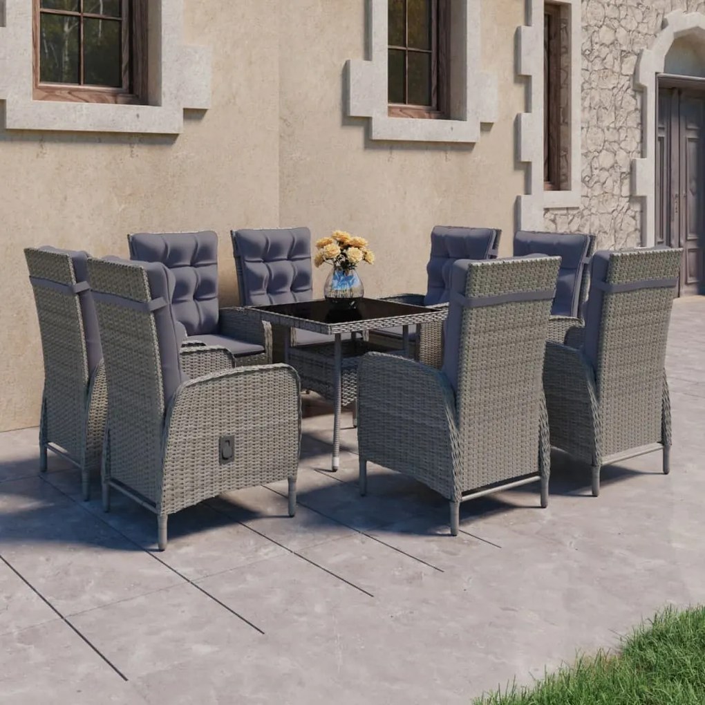 vidaXL 9 pcs conjunto de jantar para jardim vime PE e vidro cinzento