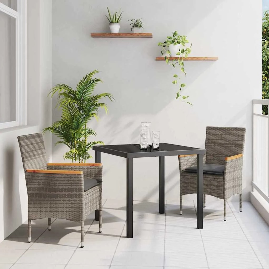 vidaXL Conjunto de Jantar de Jardim em 3 Peças com Almofadas Cinza em Rattan Poly