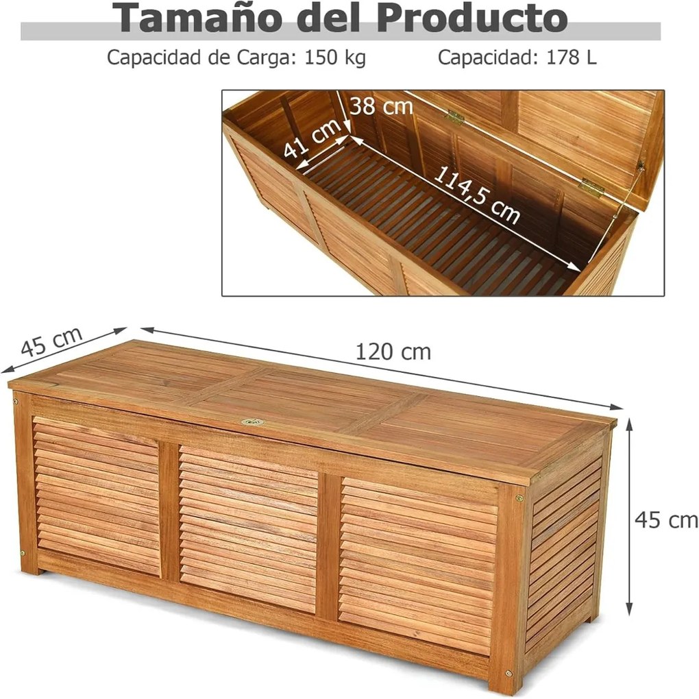 Baú de armazenamento exterior em madeira de acácia 120 x 45 x 45 cm com capacidade para 178 l, carga de 150 kg, para jardim ou pátio,, natural