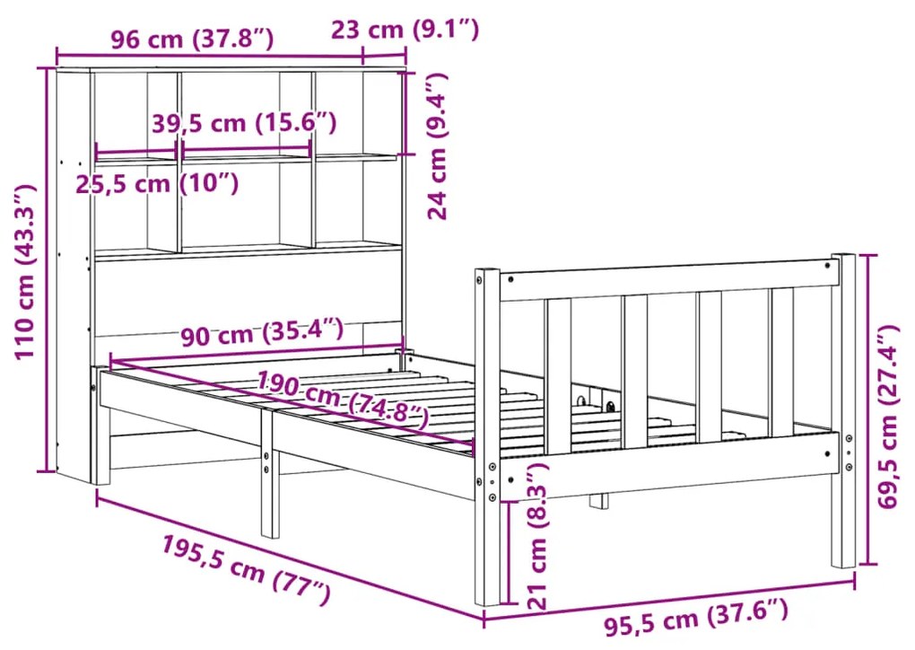 Cama com estante sem colchão 90x190 cm pinho maciço branco