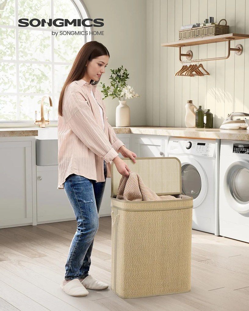 Cesto para roupa suja de 90 litros 49 x 33 x 61 cm em bambu com tampa, cor natural
