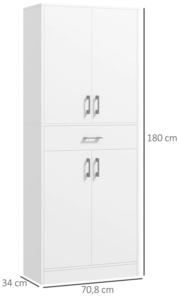 Armário de Cozinha com 4 Portas 1 Gaveta e Prateleiras Ajustáveis Anti-Tombo Armário de Cozinha Moderno 70,8x34x180 cm Branco