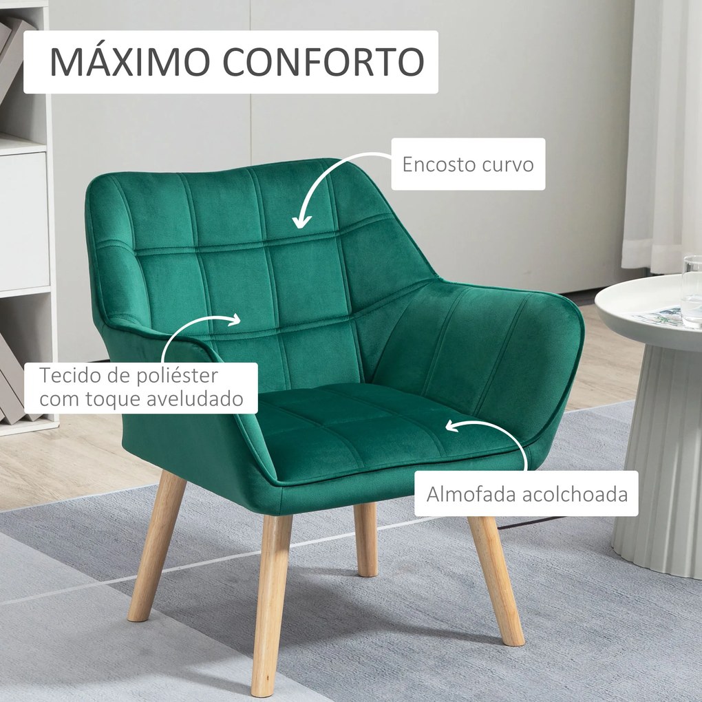 Poltrona Moderna Poltrona de Leitura Estofada em Veludo com Assento Amplo Pés em Madeira 67x61,5x71 cm Verde