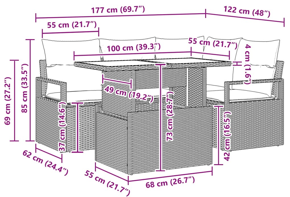 Conjunto de Sofá de Jardim de 5 Peças com Almofadas Bege Poly Rattan