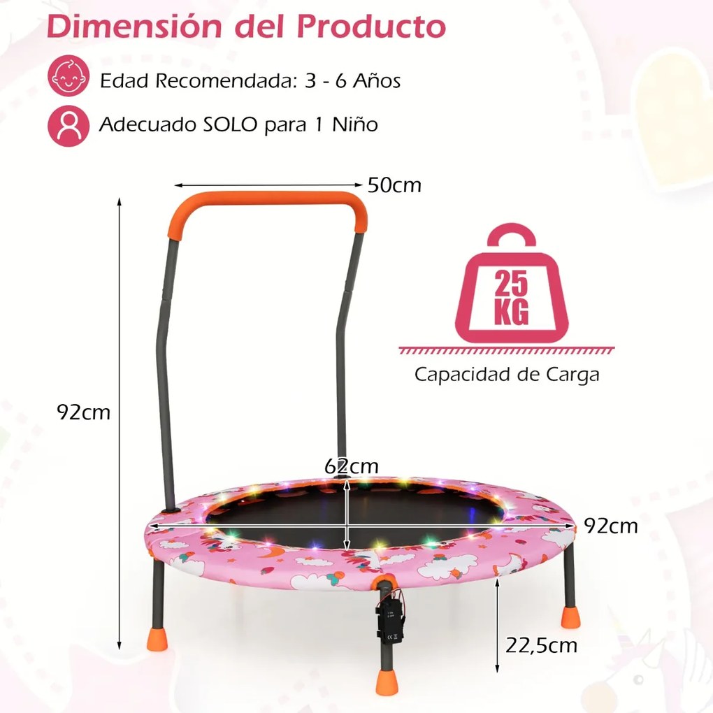 Trampolim para crianças 92 cm com luzes LED Pega de segurança Tapete de saltos redondo Cobertura 3-6 anos Rosa