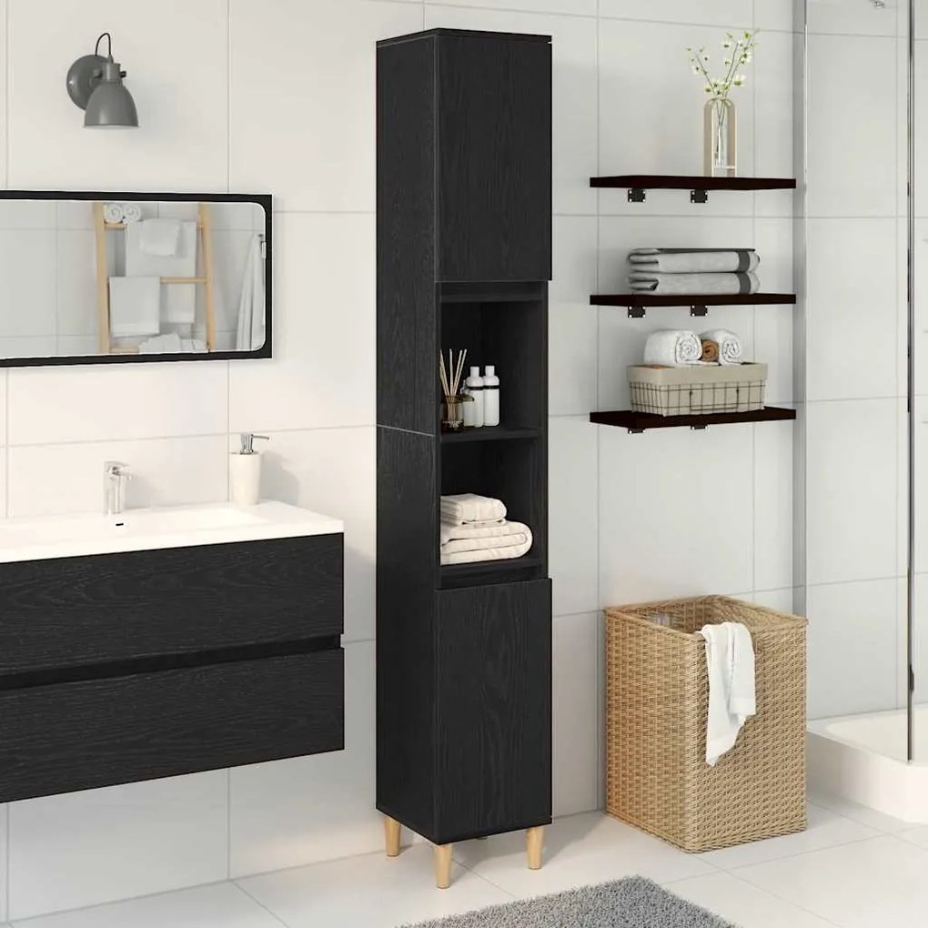 vidaXL Armário de Banheiro com porta Carvalho preto 30 x 30 x 190 cm