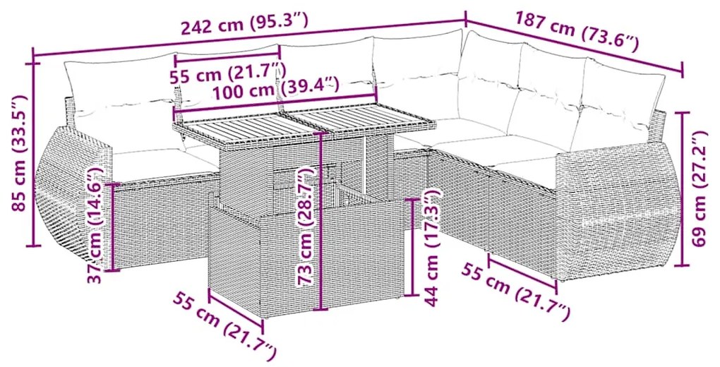 7 pcs conjunto de sofás p/ jardim com almofadões vime PE bege