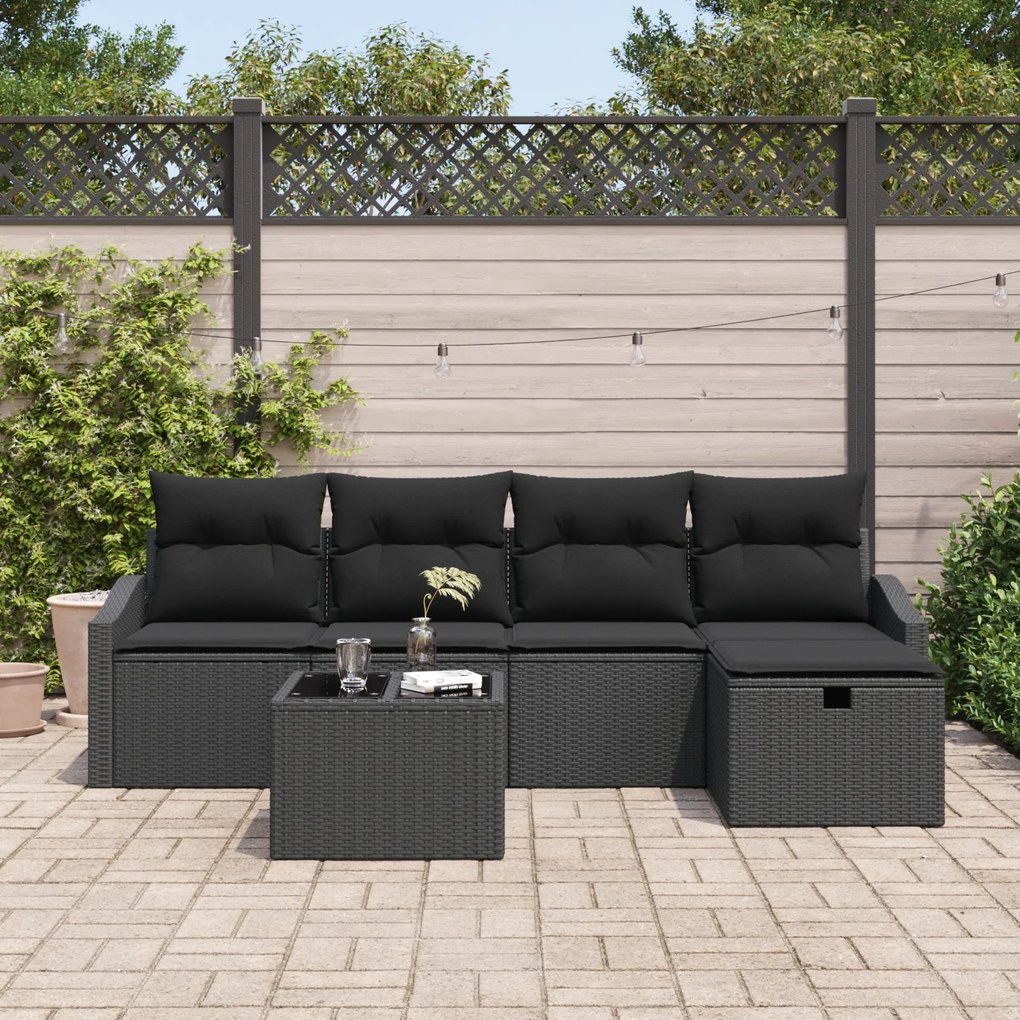 Conjunto de Sofá de Jardim de 6 Peças com Almofadas Preto Rattan Polié