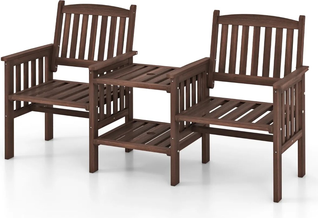 Banco de jardim com mesa com 2 níveis e orifício para guarda-sol em madeira de abeto natural castanho escuro