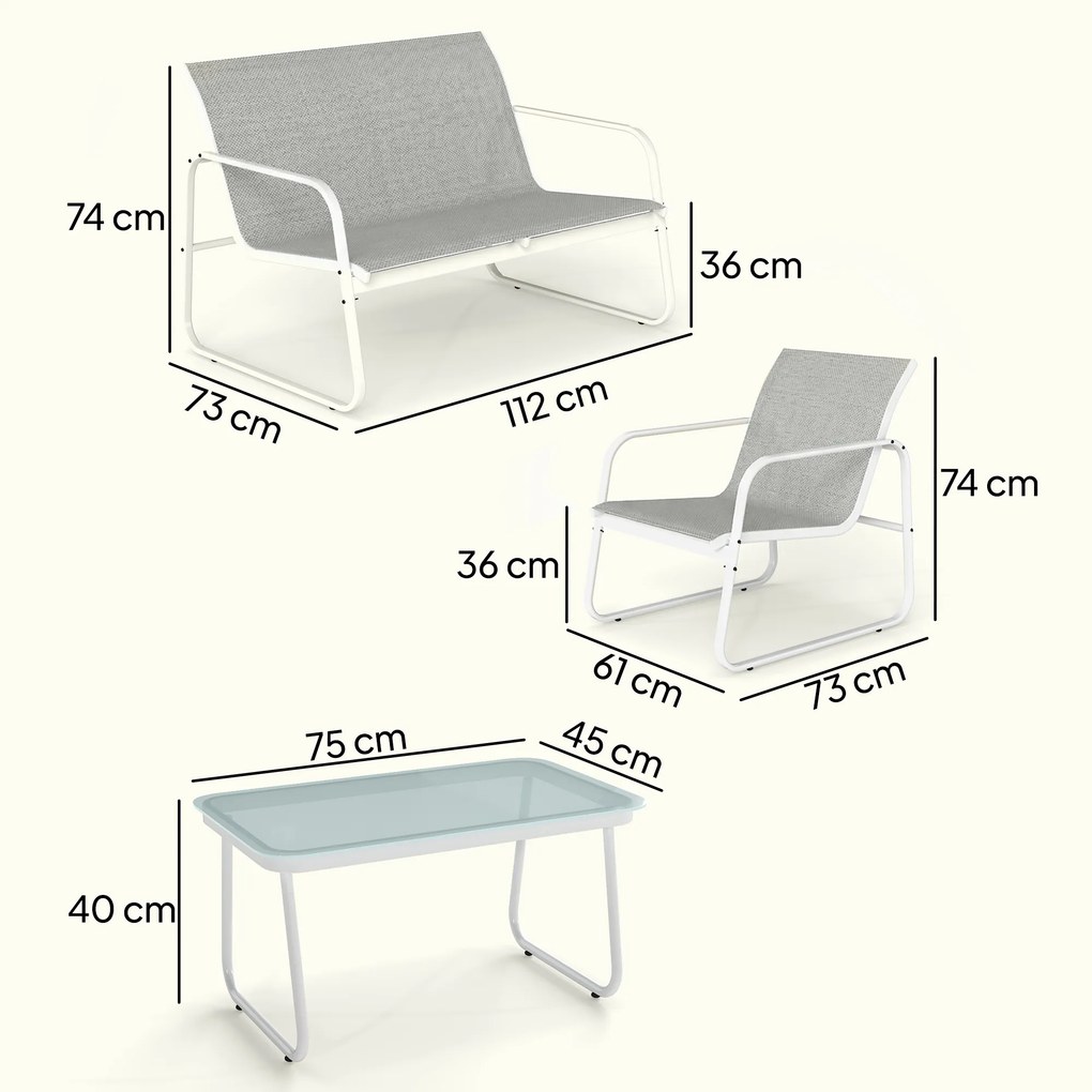 Conjunto de Jardim Exterior de 4 Peças com Sofá de 2 Lugares, 2 Poltronas e Mesa de Vidro Temperado, Tecido Textilene Cinzento Claro