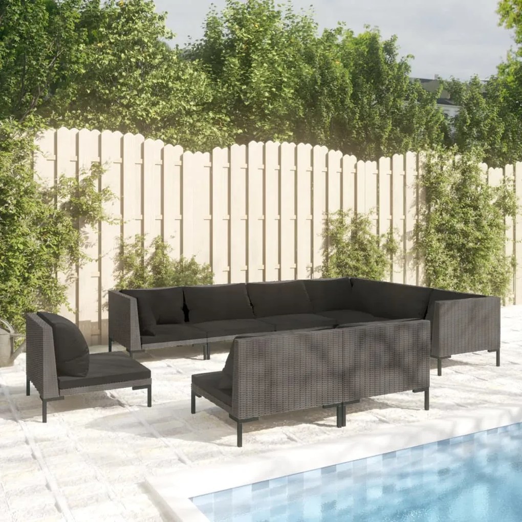vidaXL 9 pcs conj. lounge jardim c/ almofadões vime PE cinzento-escuro