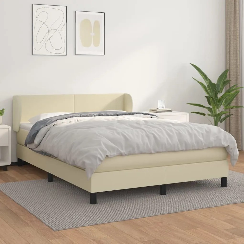 vidaXL Cama com molas/colchão 140x190 cm couro artificial cor creme