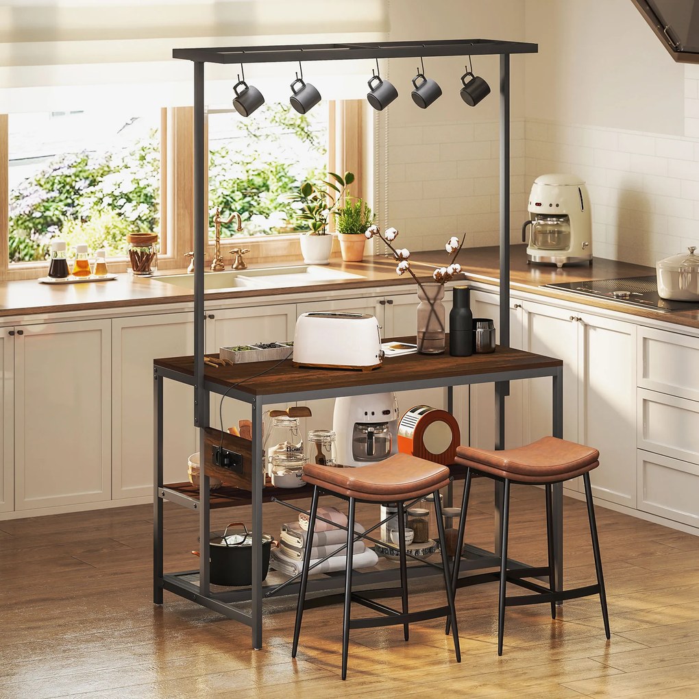 Estante de Cozinha com Tomada de Corrente (BANCOS NÃO INCLUIDOS) Estilo Industrial com Prateleiras Ganchos Móvel Auxiliar 116x70x182 cm Castanho rústi