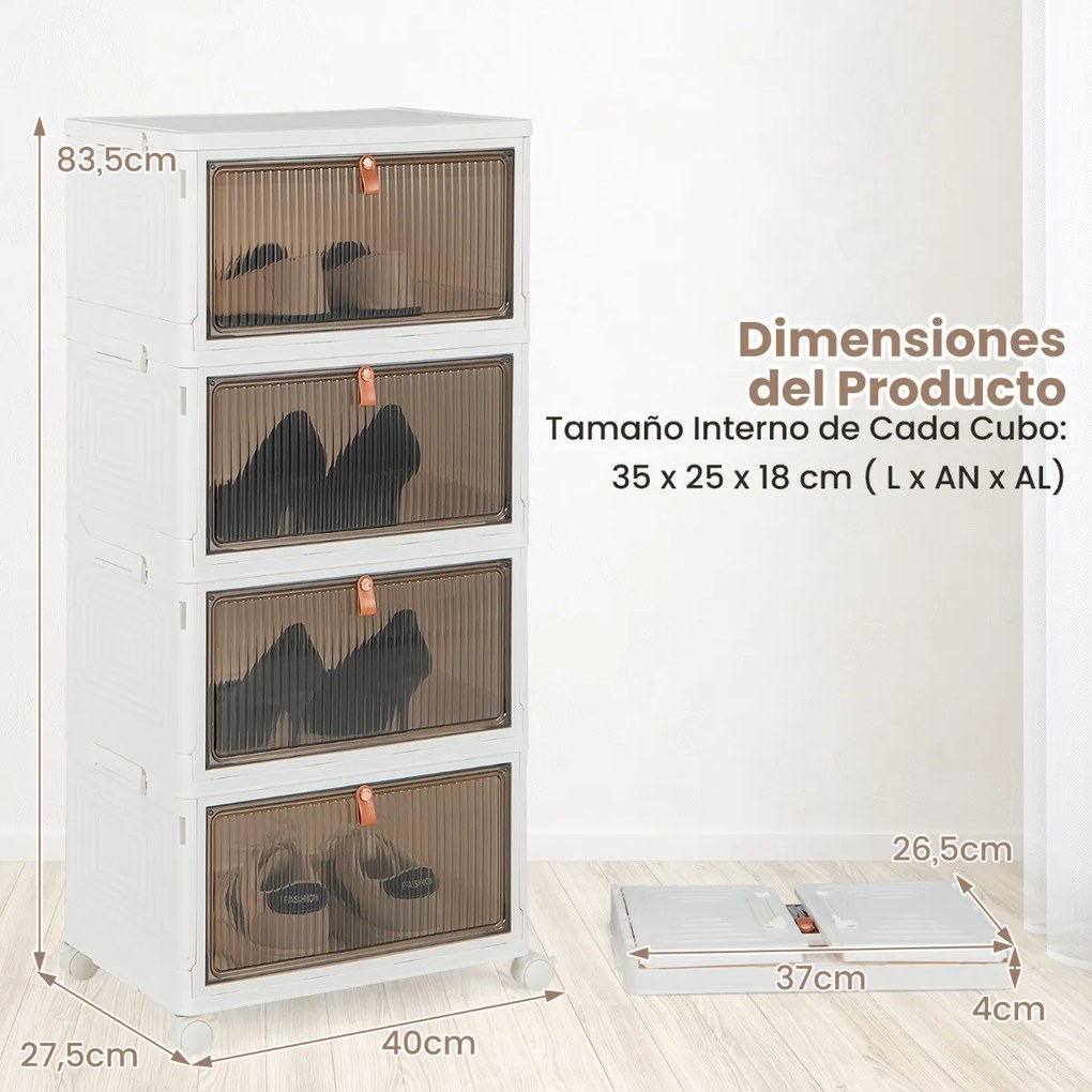 Sapateira dobrável de 4 prateleiras com portas magnéticas transparentes e rodas universais com travão Cor: Branco + Castanho