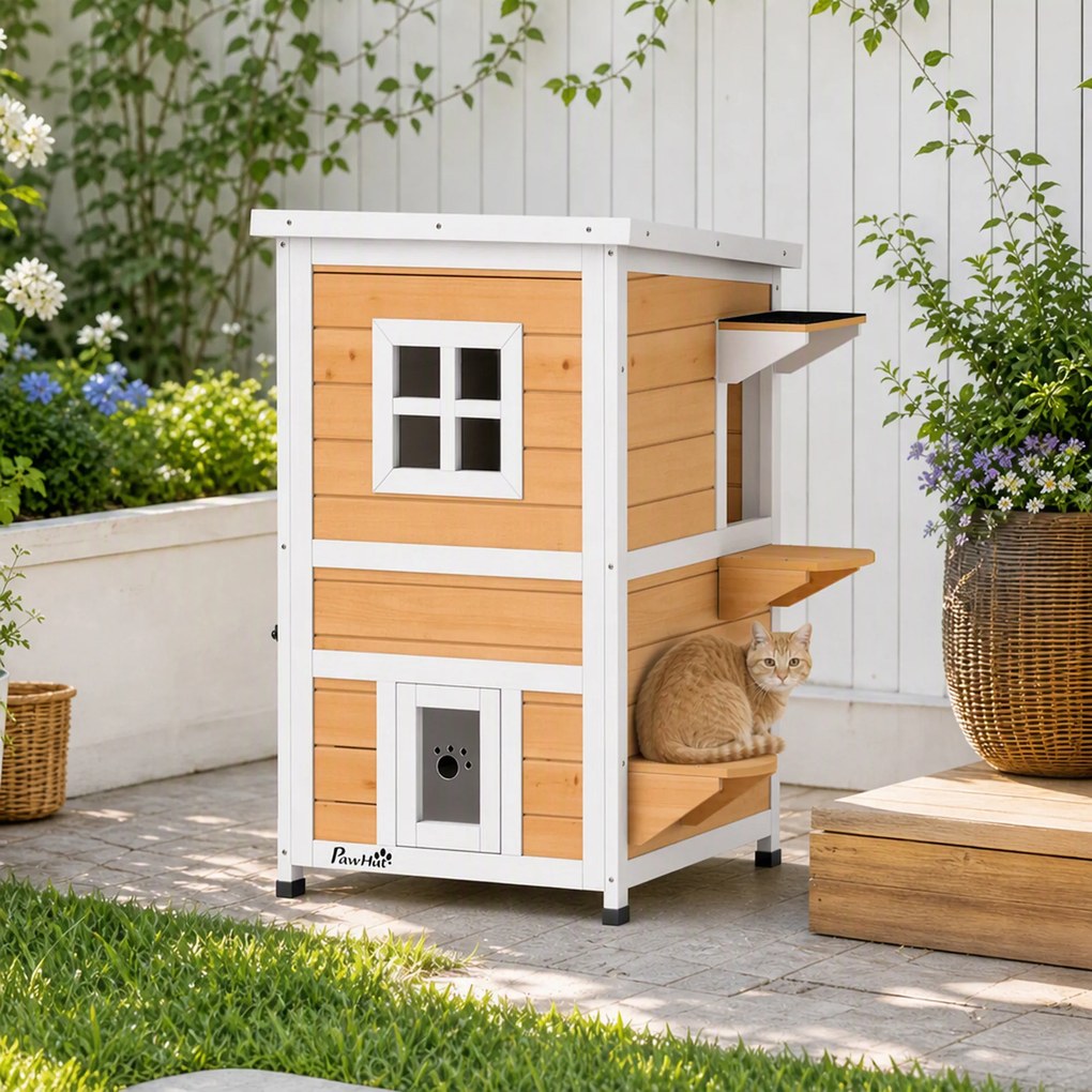 Casa de Madeira para Gatos de Exterior 2 Níveis com 3 Portas e Janela Amarela