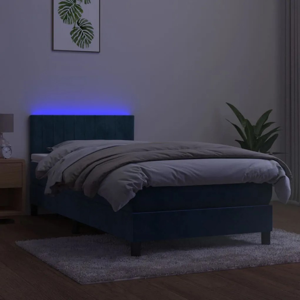 Cama box spring c/ colchão/LED 100x200 cm veludo azul-escuro