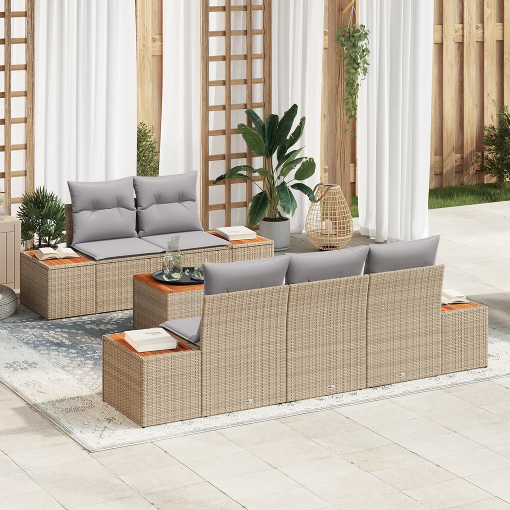 vidaXL Conjunto de Sofás de Jardim de 6 Peças com Almofadas Bege Rattan Poliéster Acácia