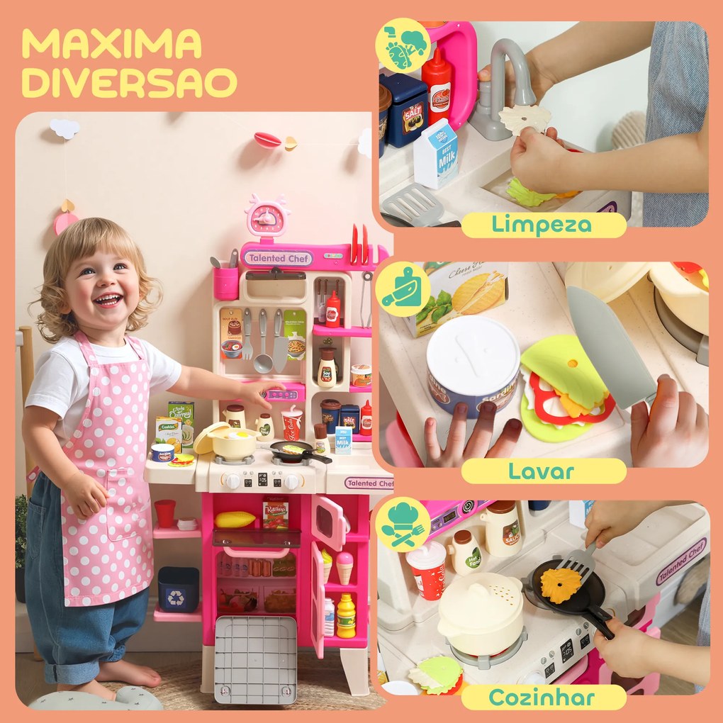Cozinha de Brincar com Luz e Som Cozinha para Crianças com Acessórios Panelas Utensilios e Alimentos Falsos 52,5x22x100 cm Rosa