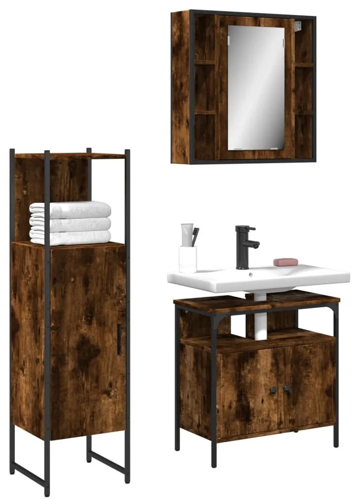 vidaXL 3 pcs conjunto móveis WC derivados de madeira carvalho fumado