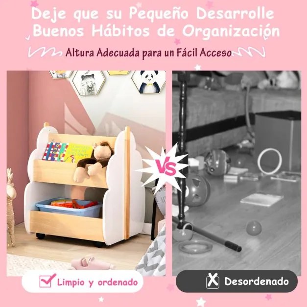 Estante de madeira para crianças com rodas Estante de brinquedos multifuncional de 2 níveis Organizador de livros 52 x 46 x 62,5 cm Branco