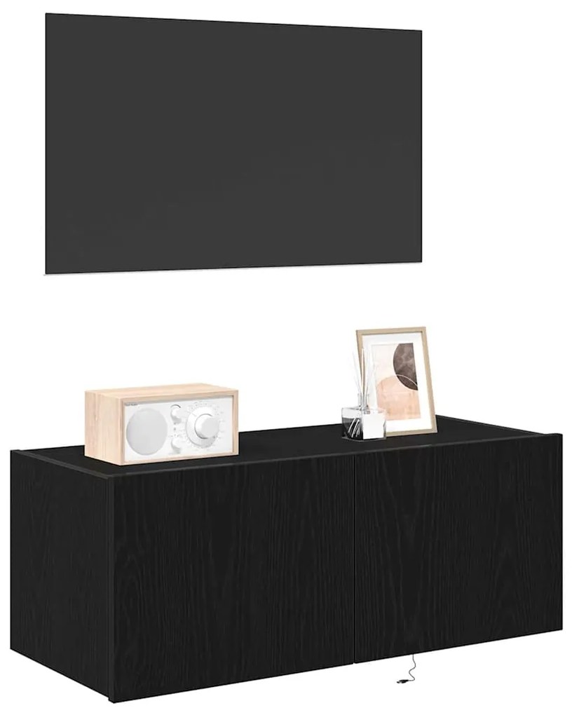 Estante de TV vidaXL com Luzes LED Preto Carvalho 80x35x31 cm
