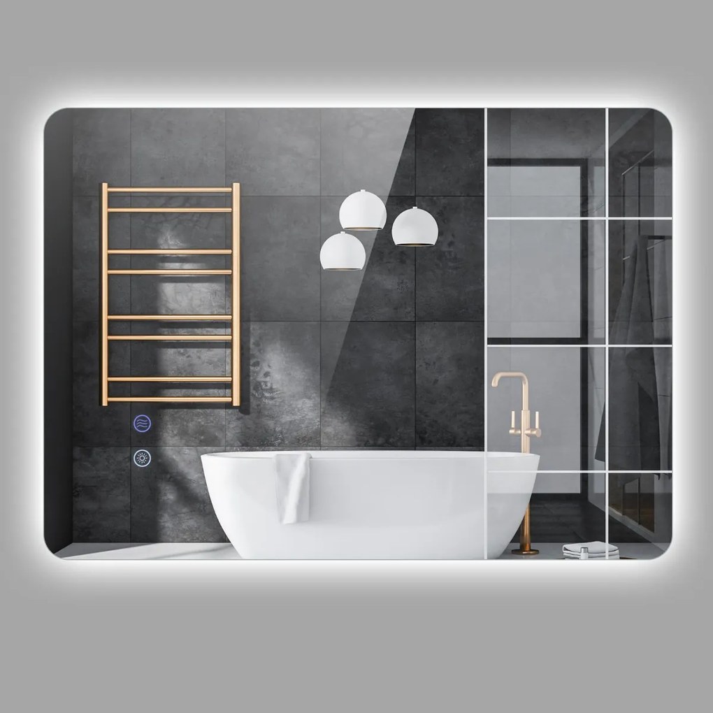 Espelho retangular de 70 x 50 cm com brilho ajustável, retroiluminado, tátil, inteligente, função de memória e design antiembaciamento Prateado