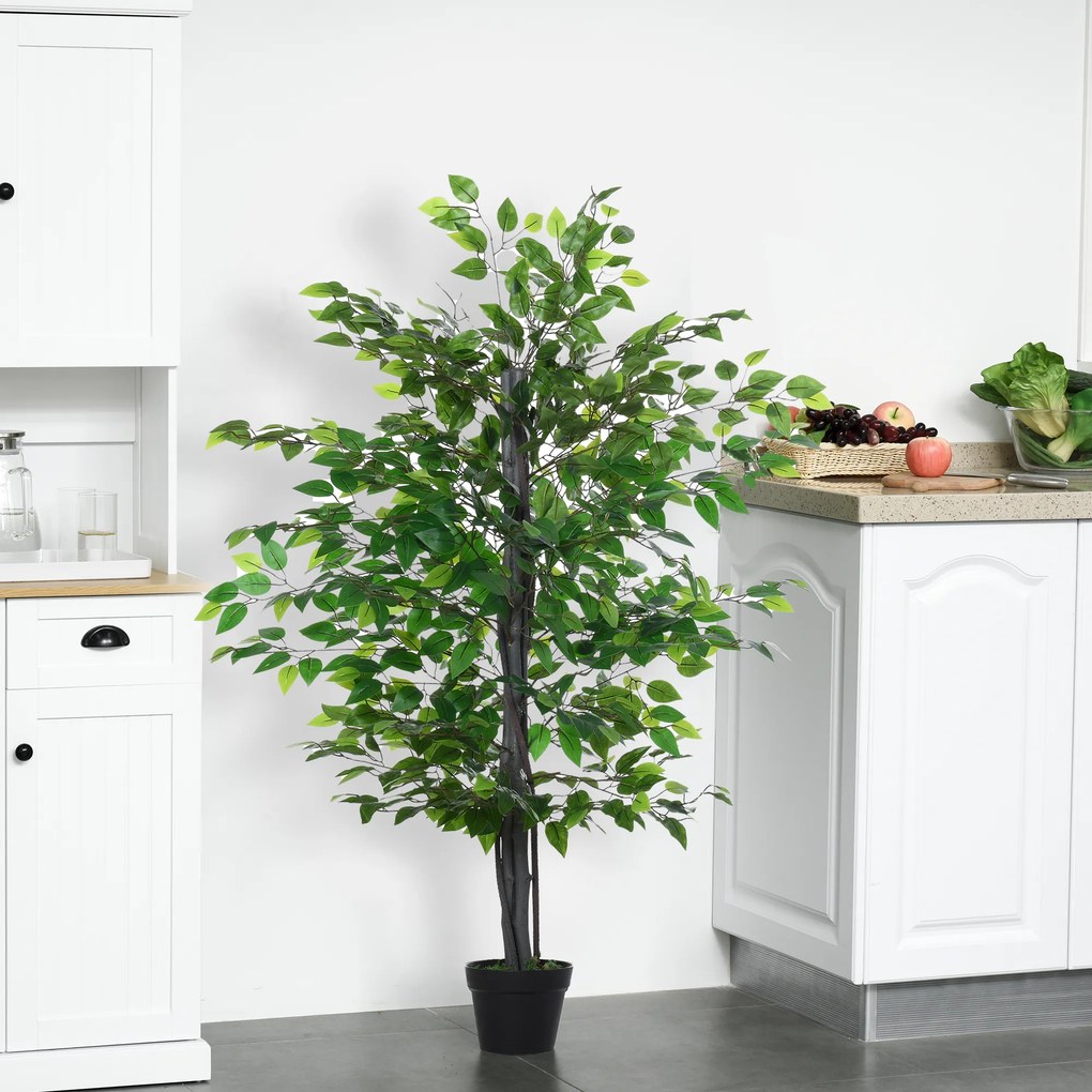 Árvore artificial, planta artificial, ficus, altura 1,45 m, tronco, ramos, liana, líquen, folhas, muito realista, vaso incluído