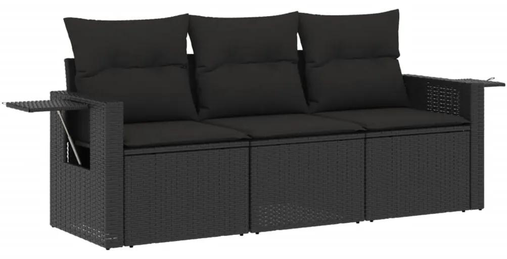 3 pcs conjunto sofás de jardim com almofadões vime PE preto