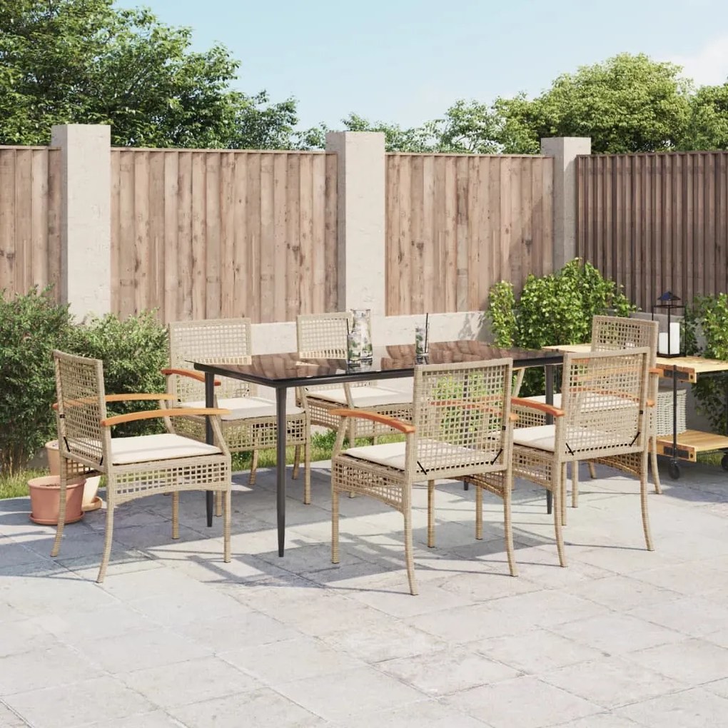 vidaXL 7 pcs conjunto de jantar p/ jardim com almofadões vime PE bege