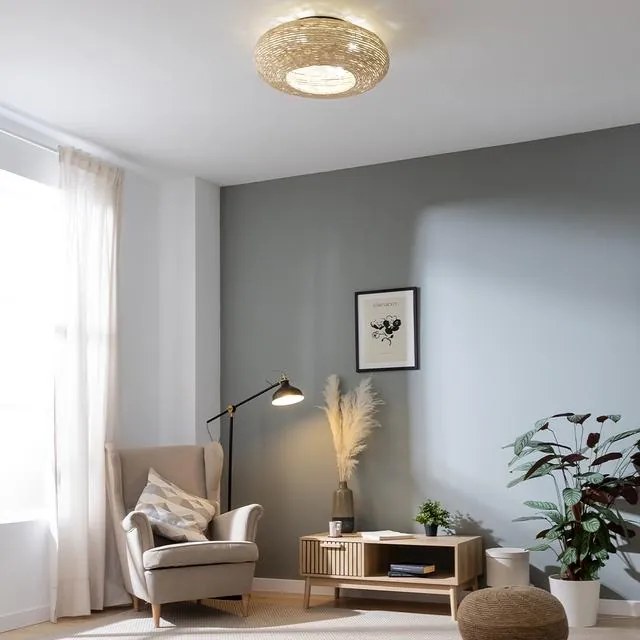 Ventoinha de teto EnergySilence LampAero 600 Natur Wicker de design com motor DC, com uma potência de 20 W e lâmpada integrada, com 5 pás de 11 poleg
