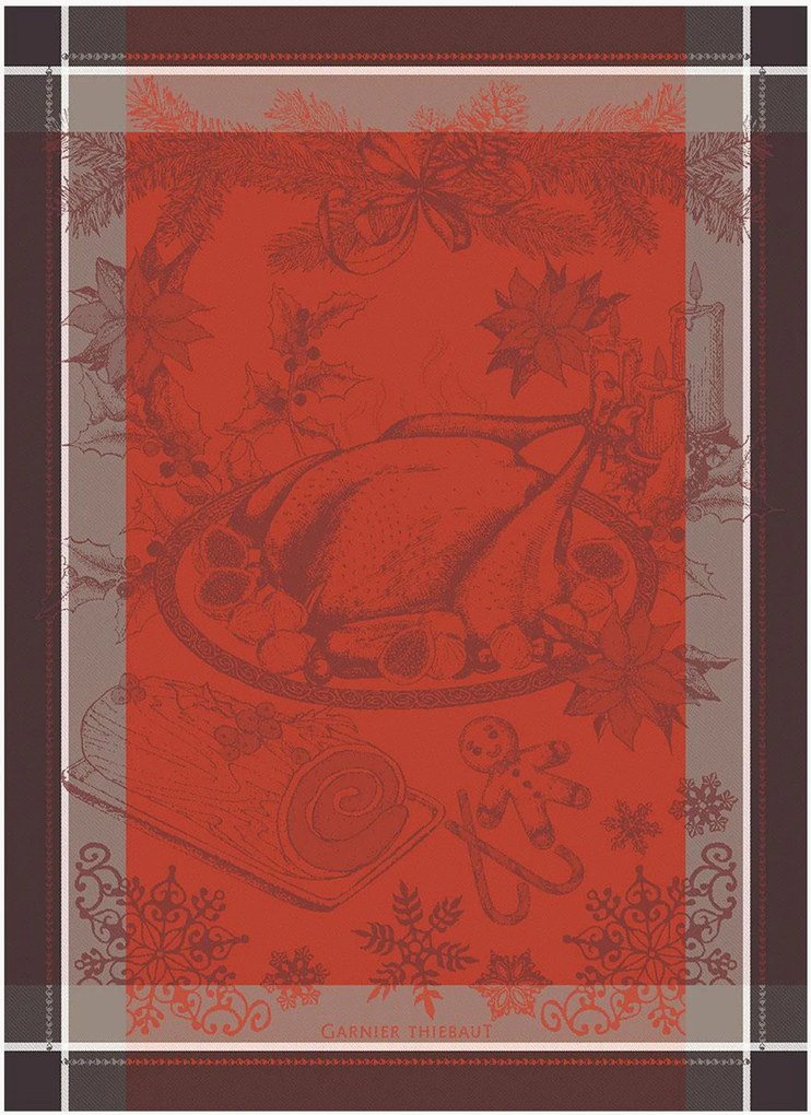 Panos de cozinha jacquard Dinde De Noel Vermillon, conjunto de 4