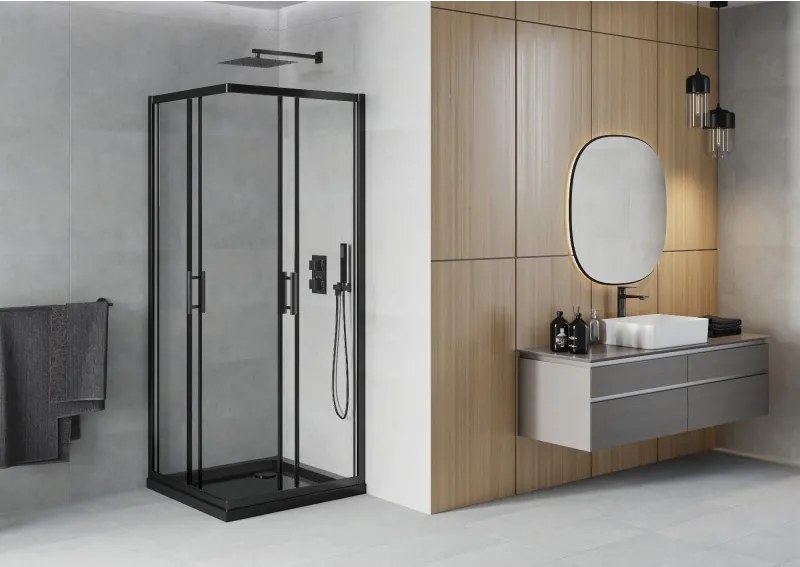 Mexen Rio cabine de duche quadrada 90 x 90 cm, transparente, preta + base de duche Flat, preta - 860-090-090-70-00-4070B
