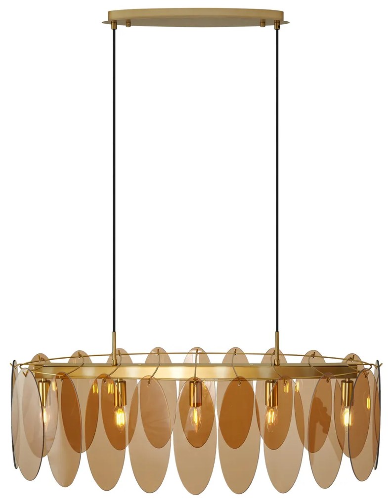 Candeeiro suspenso Art Deco dourado com vidro âmbar oval 5 luzes - Mochan Art Deco