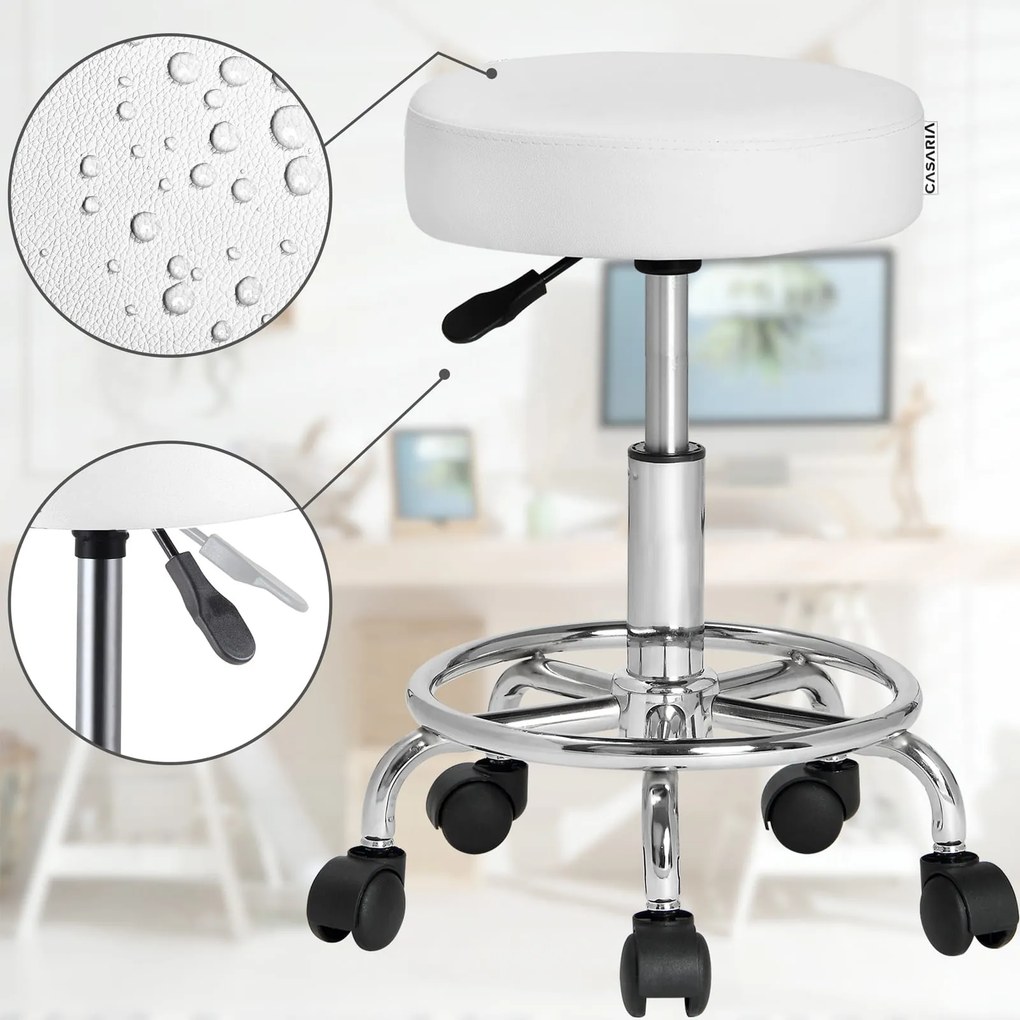 Banco giratória em 360° com rodas em couro sintético Ø35 x 50 x 51-65 cm Branco