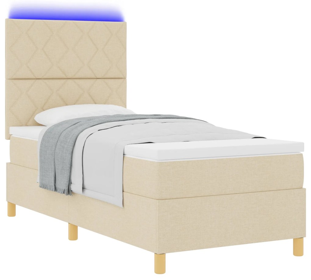Cama Box Spring com Colchão &amp; LED Creme 90x190 cm Tecido