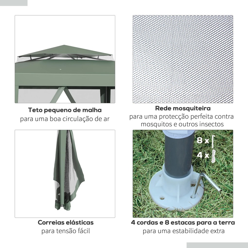 Outsunny Pérgola de Jardim 3x3m Pérgola com 4 Redes Mosquiteiras Laterais com Zíper Teto de Ventilação e 8 Orifícios de Drenagem Pérgola para Terraço Pátio Exterior Verde