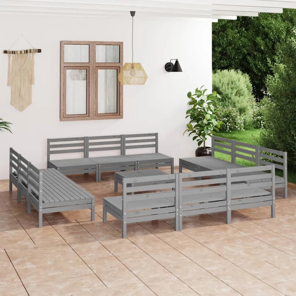 13 pcs conjunto lounge de jardim pinho maciço cinzento