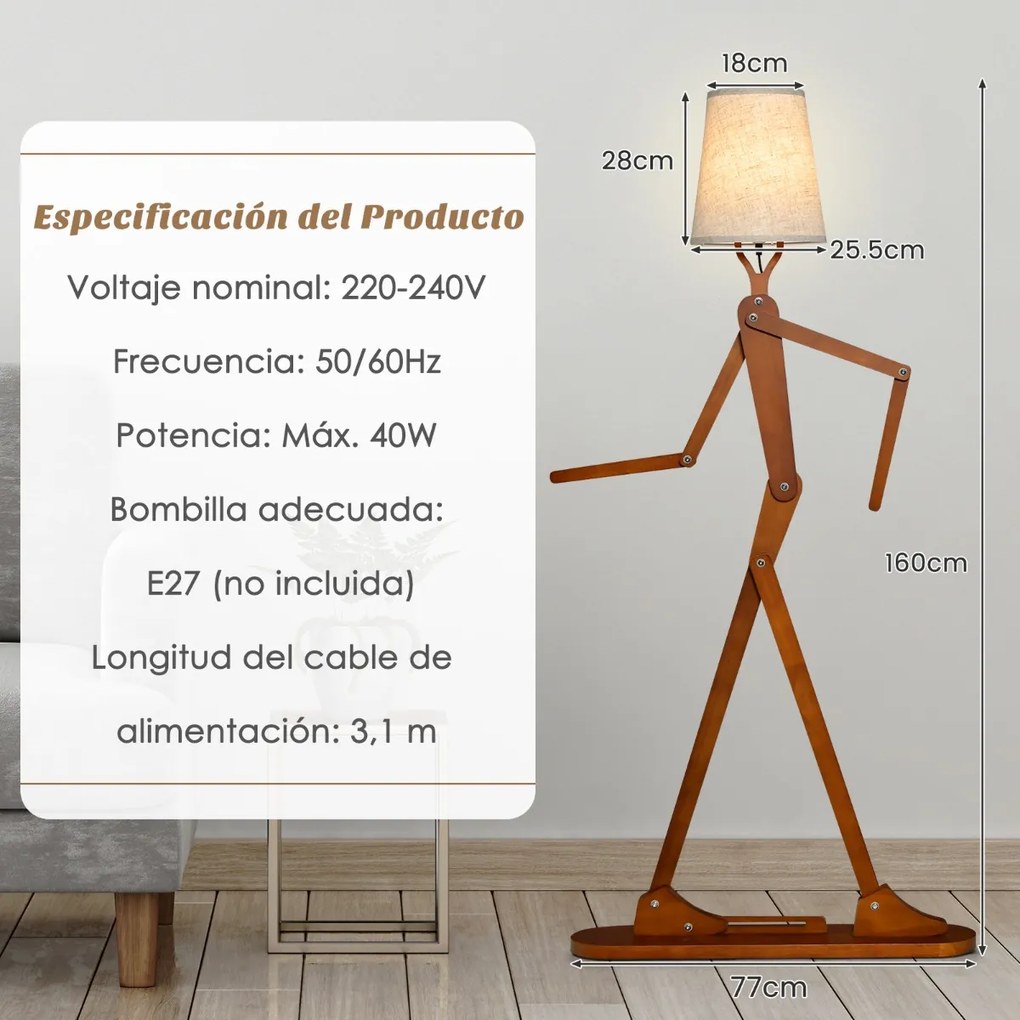 Candeeiro de pé alto com abajur de tecido mutável de figura humana ajustável 77 x 25,5 x 160 cm Natural