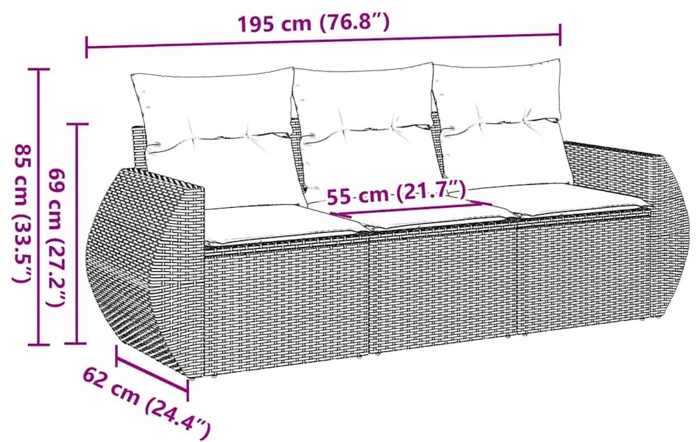 3 pcs conjunto sofás de jardim com almofadões vime PE preto
