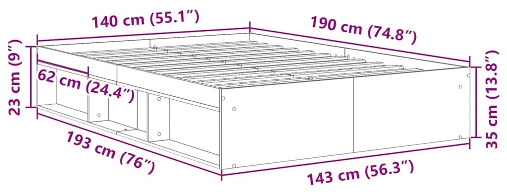 Estrutura de cama sem colchão 140x190 cm madeira velha