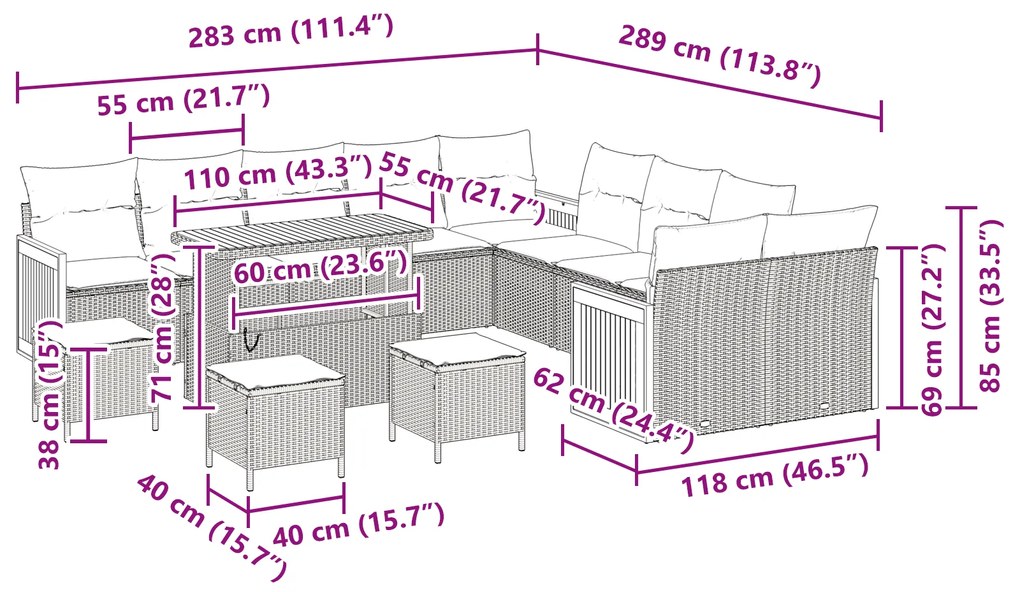 Conjunto de sofá de jardim vidaXL com 14 peças e almofadas Preto Vime