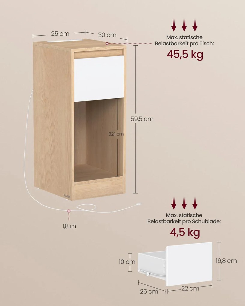 Conjunto de 2 mesas de cabeceira com iluminação LED e portas USB 30 x 25 x 59,5 cm Amarelo amêndoa + Branco