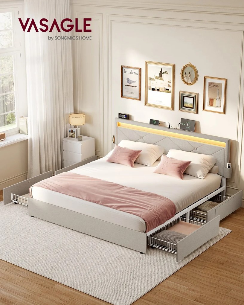 Estrutura de cama em metal 160 x 200 cm com iluminação LED, com gavetas e cabeceira bege cappuccino