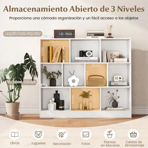 Estante de 10 cubos com 3 níveis de arrumação para sala de estar e quarto 120 x 24 x 104 cm Branco