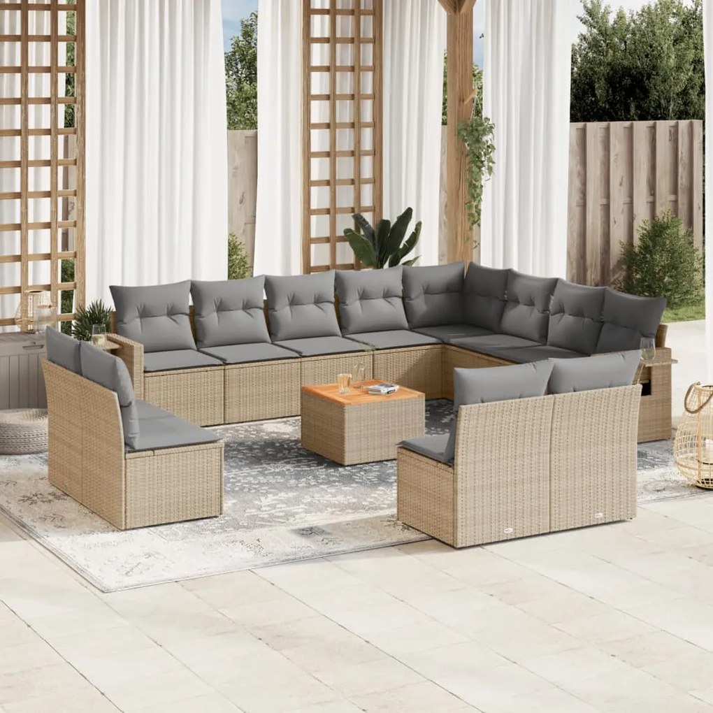 13 pcs conjunto de sofás p/ jardim com almofadões vime PE bege
