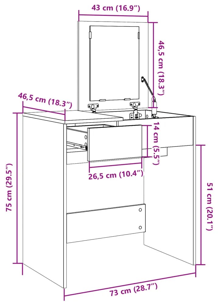 Toucador com espelho 73x46,5x120 cm cor branco