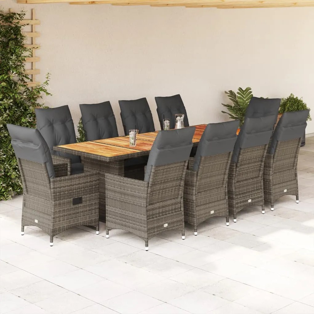 vidaXL 11 pcs conjunto bistrô de jardim c/ almofadões vime PE cinzento