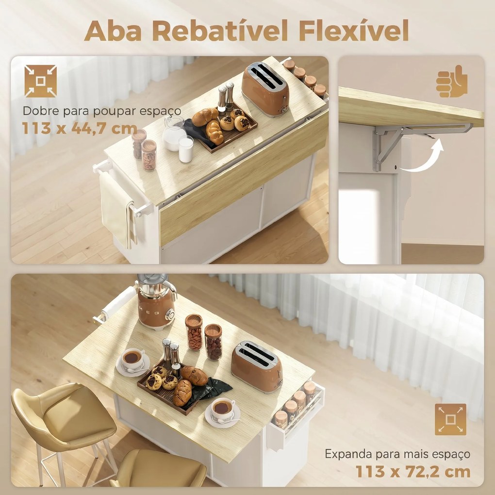 Ilha de Cozinha 132,2x74,7x90 cm com Tampo Rebatível Rodas Garrafeira e Portas de Correr em Vidro branco e cor carvalho